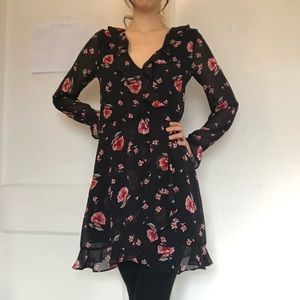 Black floral chiffon dress.